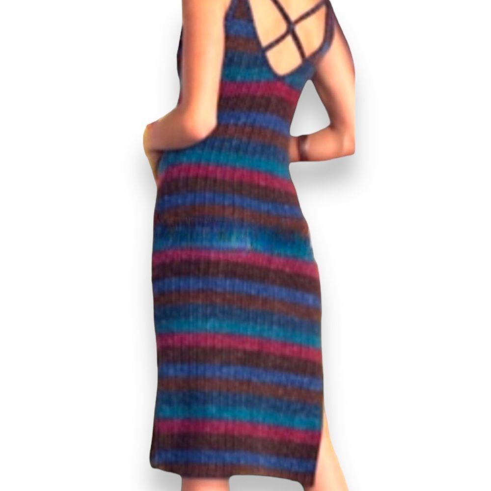 Sleeveless V Neck Striped Rib Knitted High Split Side Hem Fitted Midi Dress NEW - Picture 2 of 4